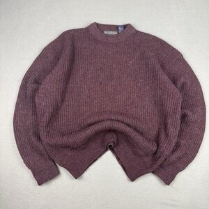 Wm H Leishman Shetland 100% Wool Sweater Mens Large Burgundy Crew Neck Hole